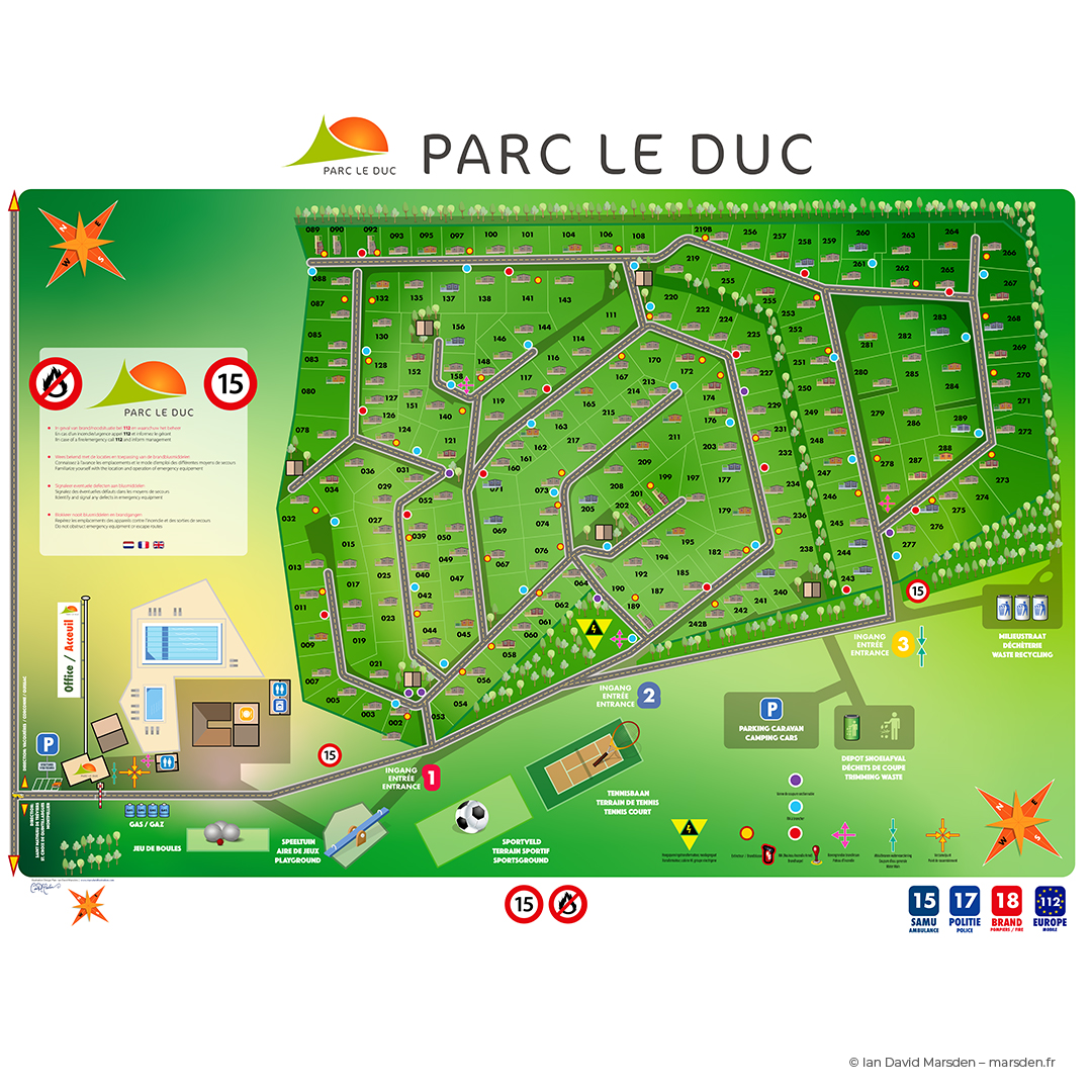 Complete overview map of Parc Le Duc campsite including chalets, pool, parking, recycling, and amenities.