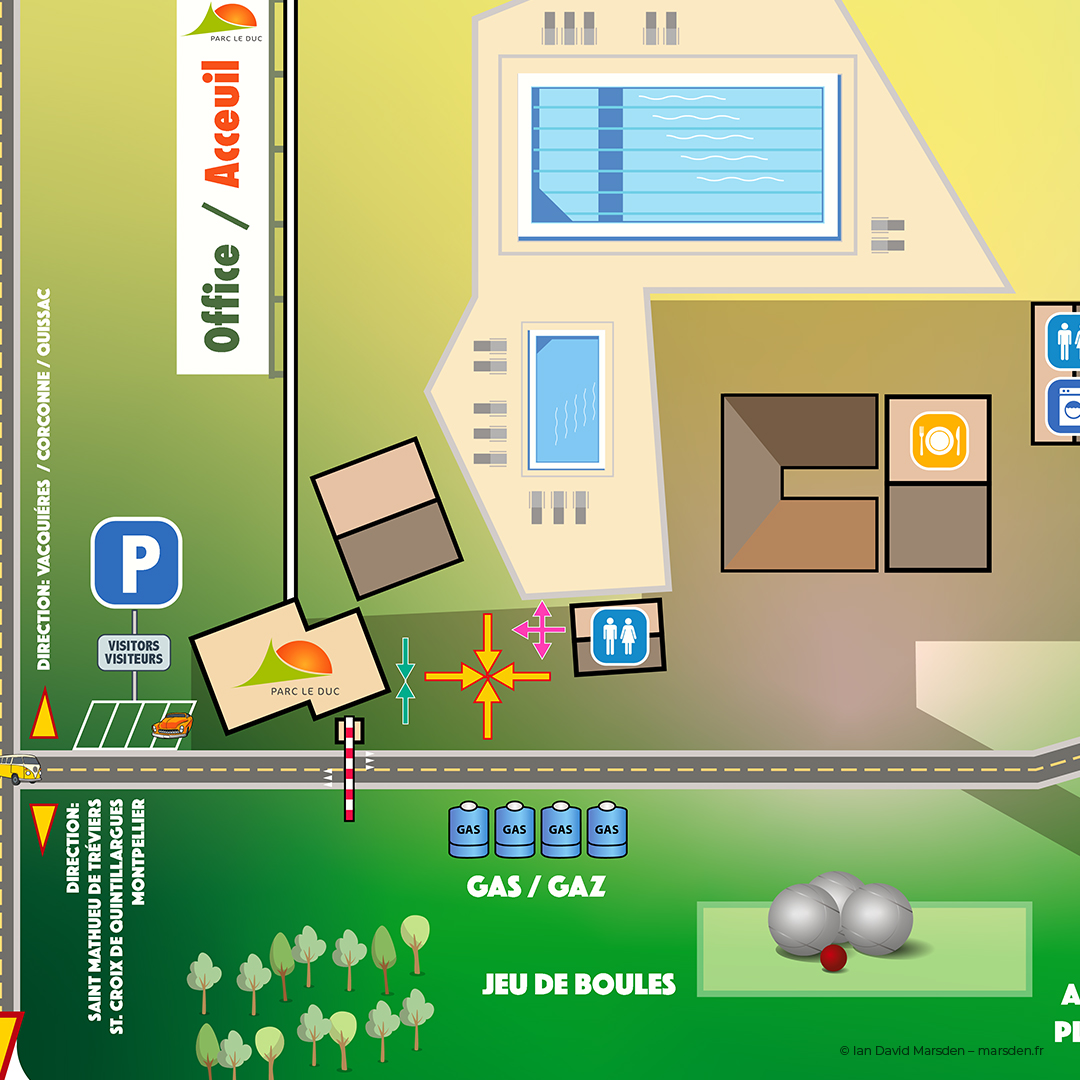 Illustrated layout of pool and restaurant area with vector icons and directional labels