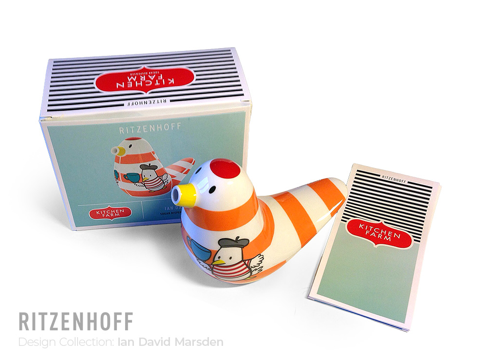 Close-up view of cartoon bird sugar dispenser from Ritzenhoff Kitchen Farm collection.
