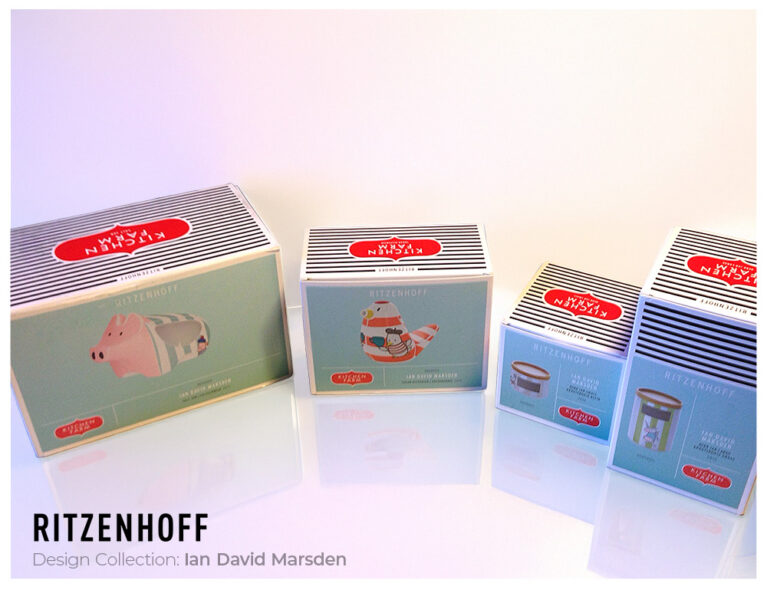 Ceramic Kitchen Farm collection by Ian David Marsden for Ritzenhoff, featuring pig salt jar, sugar bird, and herb jars in original packaging.