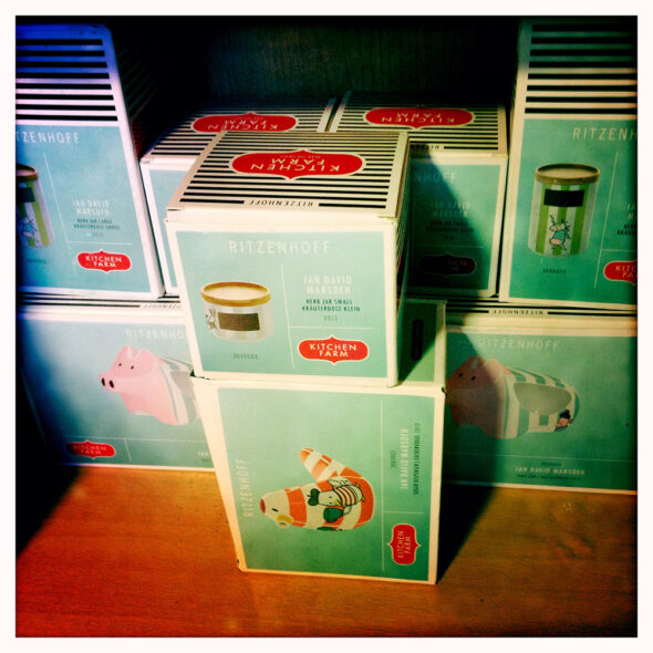 Retail display of illustrated packaging with original mascots for Ritzenhoff Kitchen Farm by Ian David Marsden.