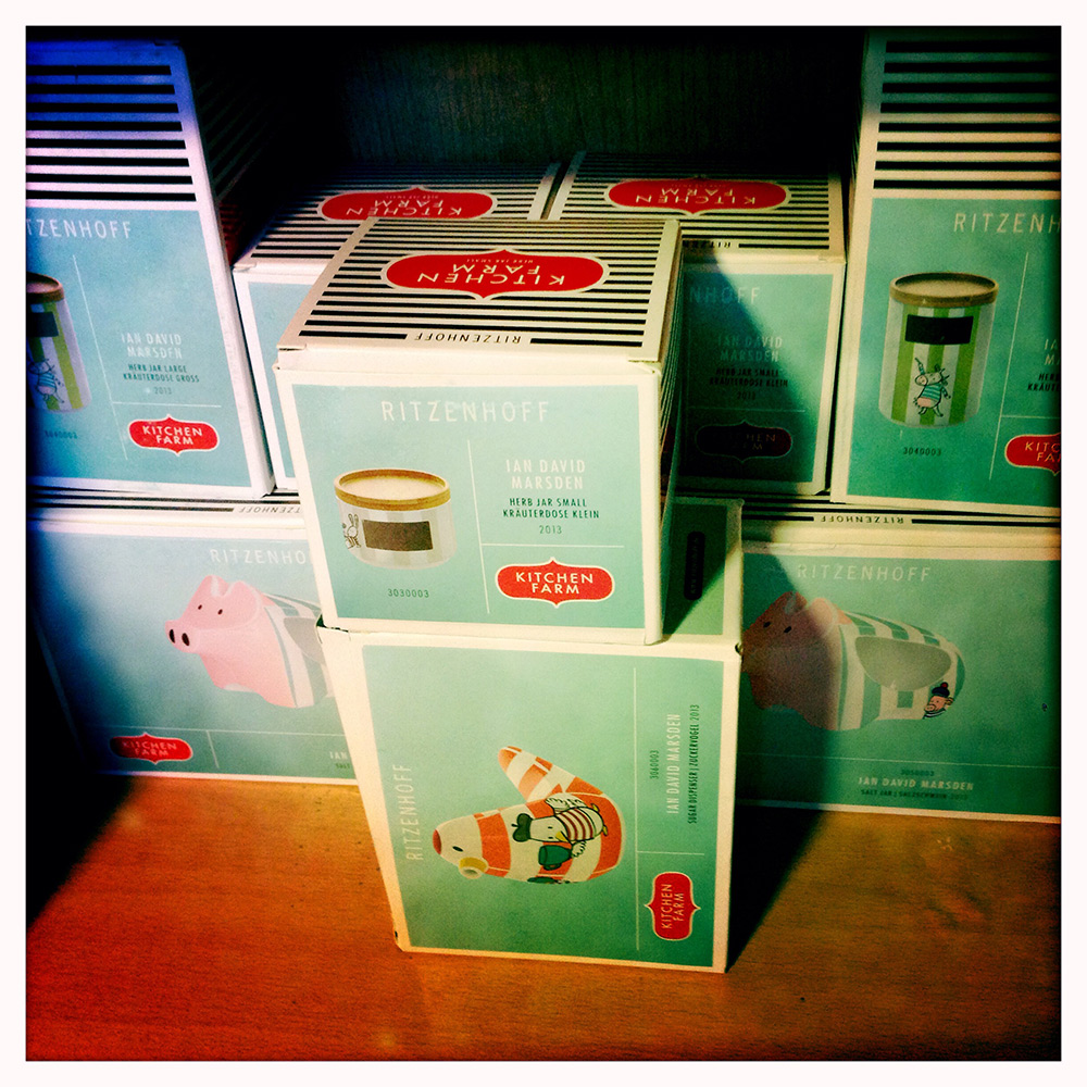 Retail display of illustrated packaging with original mascots for Ritzenhoff Kitchen Farm by Ian David Marsden.