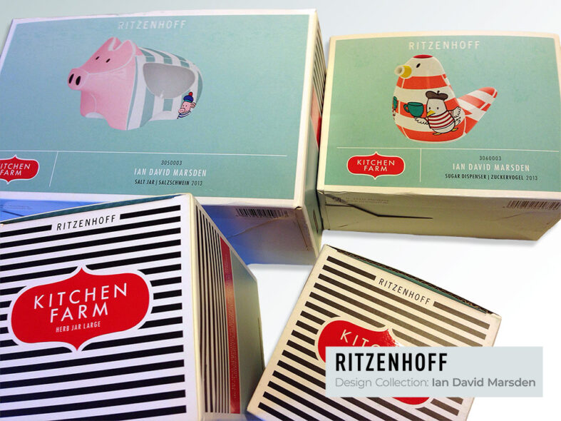 Pig-shaped salt jar and cartoon bird sugar dispenser with original mascots for Ritzenhoff Kitchen Farm.