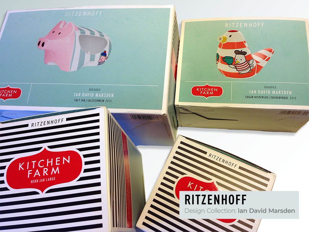 Pig-shaped salt jar and cartoon bird sugar dispenser with original mascots for Ritzenhoff Kitchen Farm.