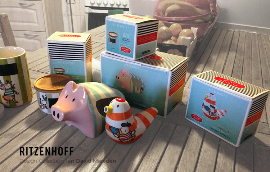 Kitchen Farm ceramic collection with pig and bird designs by Ian David Marsden, displayed with Ritzenhoff packaging.