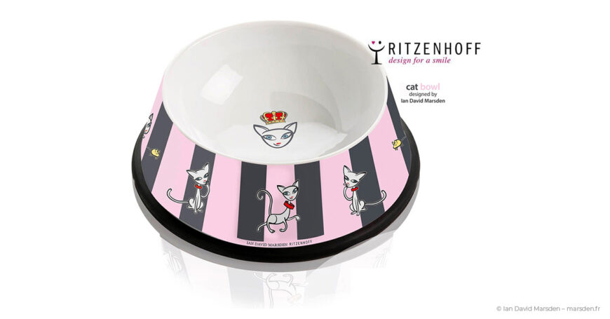 Pink-striped cat bowl designed by Ian Marsden for Ritzenhoff