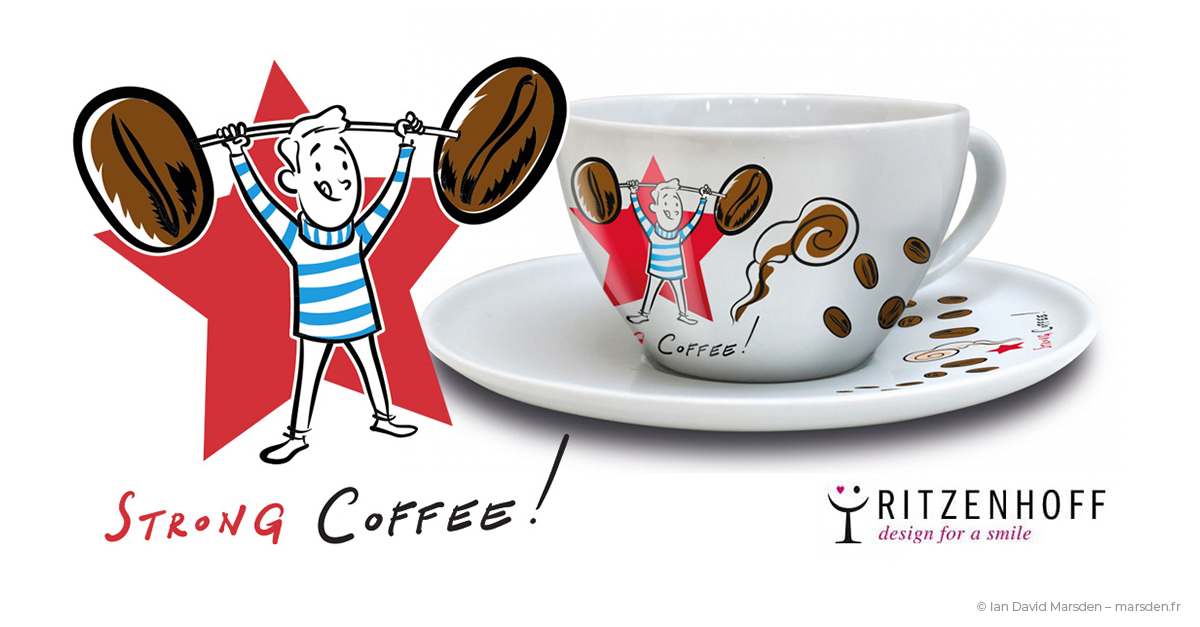 Ritzenhoff cappuccino cup with cartoon Coffee Man and HOT COFFEE! lettering by Ian Marsden