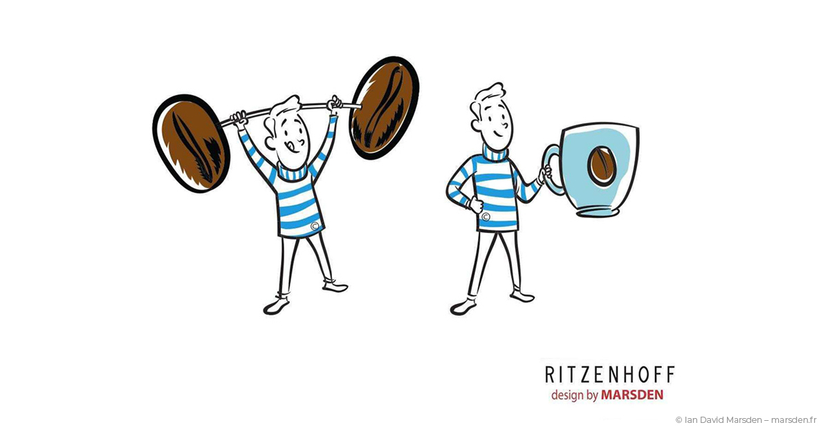 Cartoon Coffee Man sketch with coffee bean weights for Ritzenhoff HOT COFFEE! cup