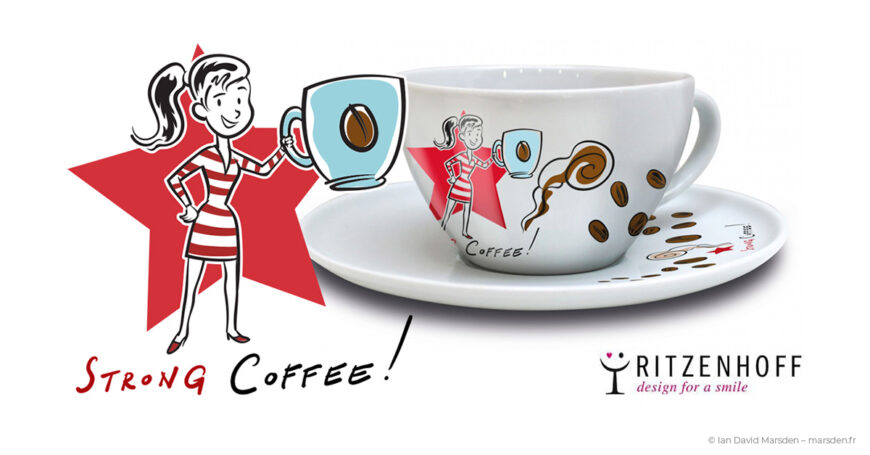 Ritzenhoff cappuccino cup with Coffee Woman cartoon and HOT COFFEE! slogan by Ian Marsden