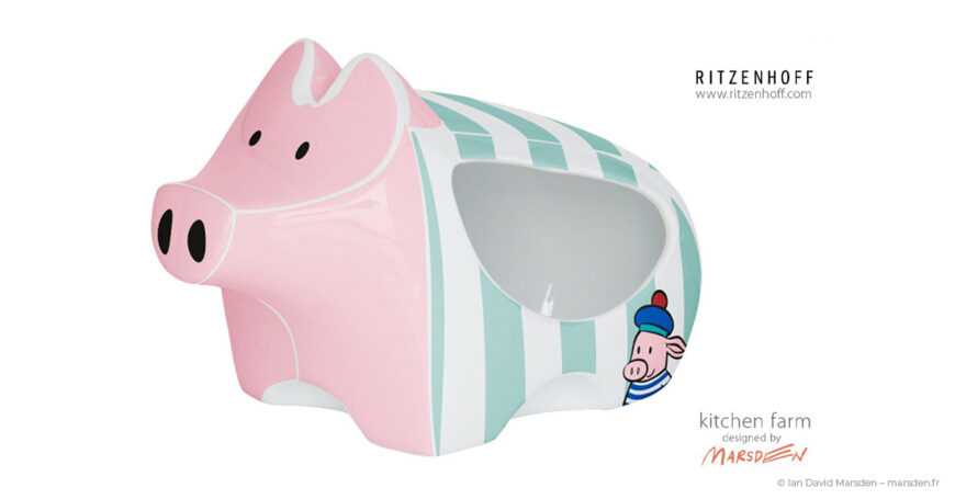 Ritzenhoff ceramic salt pig container with pink and teal pig design by Ian Marsden