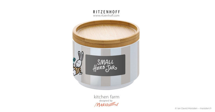 Small ceramic kitchen jar with whimsical farm illustration by Ian Marsden for Ritzenhoff