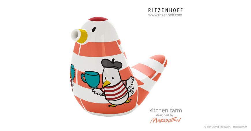 Sugar bird jar with colorful character artwork by Ian Marsden for Ritzenhoff Kitchen Farm