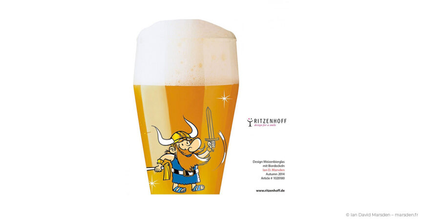RITZENHOFF Viking Weizenbier glass design by Ian David Marsden, featuring a cartoon Viking character on a collectible wheat beer glass.