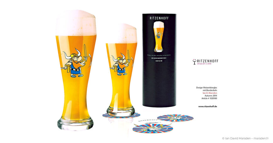 RITZENHOFF Viking Weizenbier glass set with matching coasters and black presentation packaging, designed by Ian David Marsden.