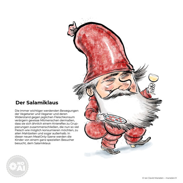 Cartoon character with a salami-shaped hat, beard, and red salami suit, holding a plate of sliced sausage and a wine glass.
