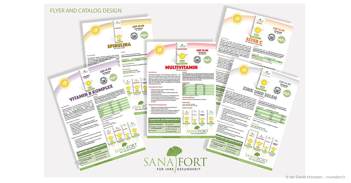 Collection of Sanafort print marketing assets – vitamin supplement catalogs, sales flyers and promotional graphics for the DACH market