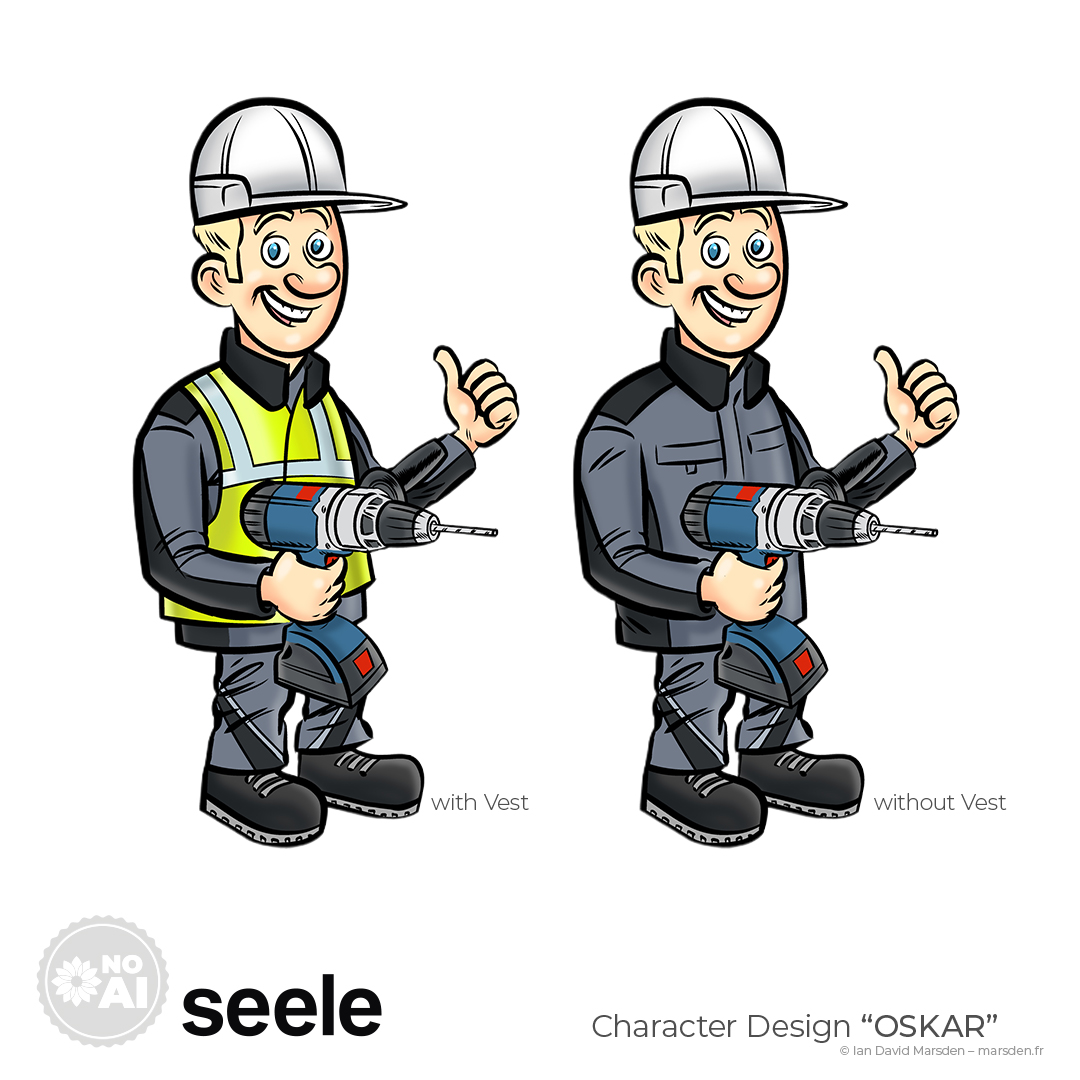 Illustrated mascot OSKAR in safety and construction scenarios for Seele GmbH safety campaigns.