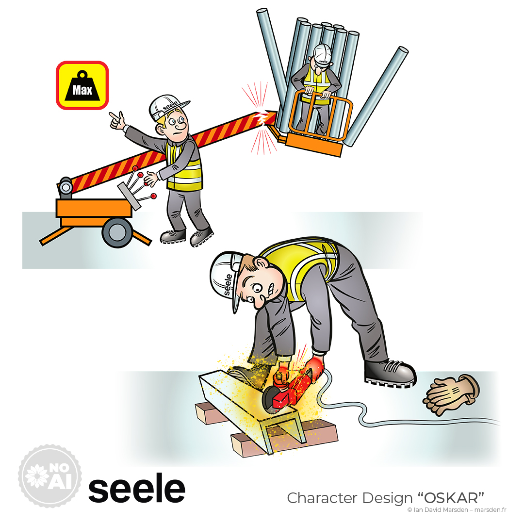 Spot illustrations showing critical safety failures on construction sites—overloading, obstruction, unsafe cutting. Created for use in workplace training, signage, and procedural onboarding. ✏️ Clear, language-free visual instruction.