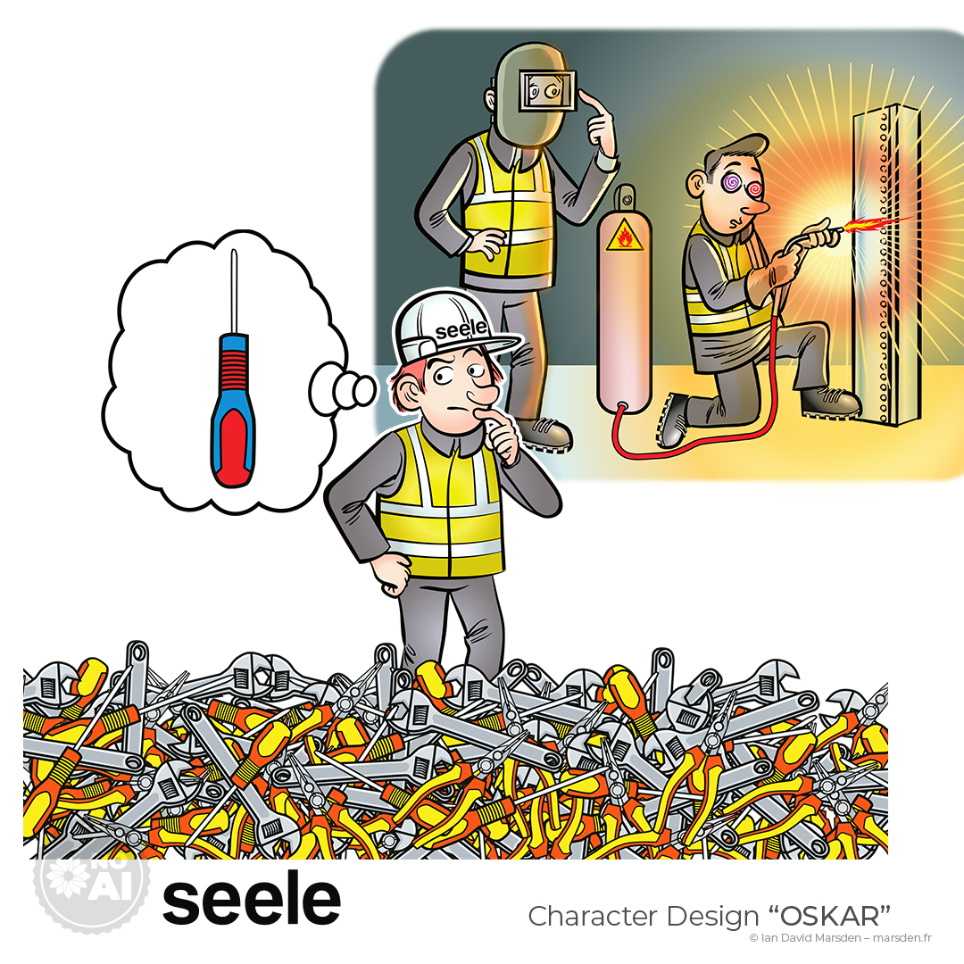 OSKAR illustrates two dangers: excessive tool clutter leading to delays, and improper welding practices—missing eye protection and poor positioning. Created for Seele GmbH’s safety communication program. Ideal for visual training and hazard prevention.