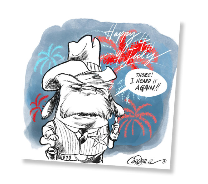 Red, white, and blue sketch of a sheriff with a giant mustache shouting “I Love Freedom!” amid fireworks.