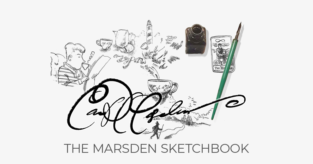 Sketchbook page by Ian David Marsden featuring ink drawings, tarot card, and calligraphy