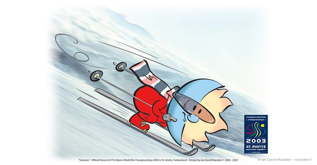 Smoony mascot illustration in dynamic ski pose, created for the St. Moritz FIS Championships by Ian David Marsden.