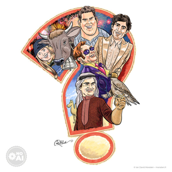 A stylized caricature illustration of five people and a cow arranged within a large, colorful question mark shape.