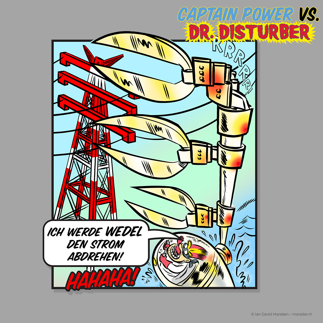 Comic villain Dr. Disturber in a submarine cutting power cables with giant scissors in a comic panel promoting Stadtwerke Wedel.