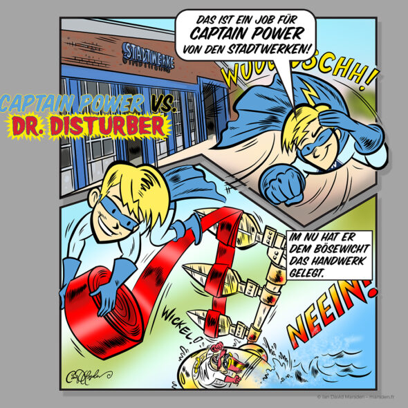 Comic superhero flies from energy company to stop power sabotage, dramatic panel from awareness comic for Stadtwerke Wedel.