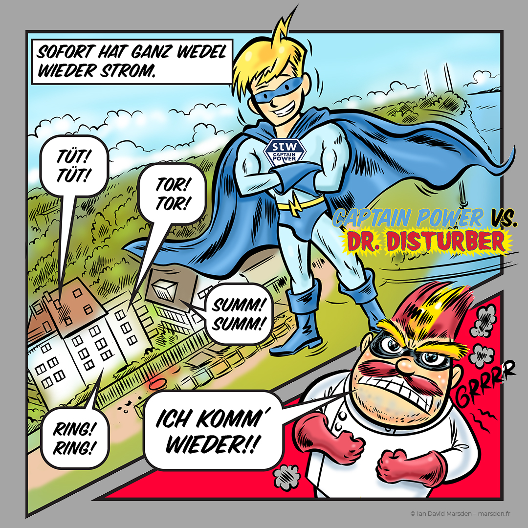 Comic hero flies over city as villain retreats, closing scene in business comic about energy reliability.