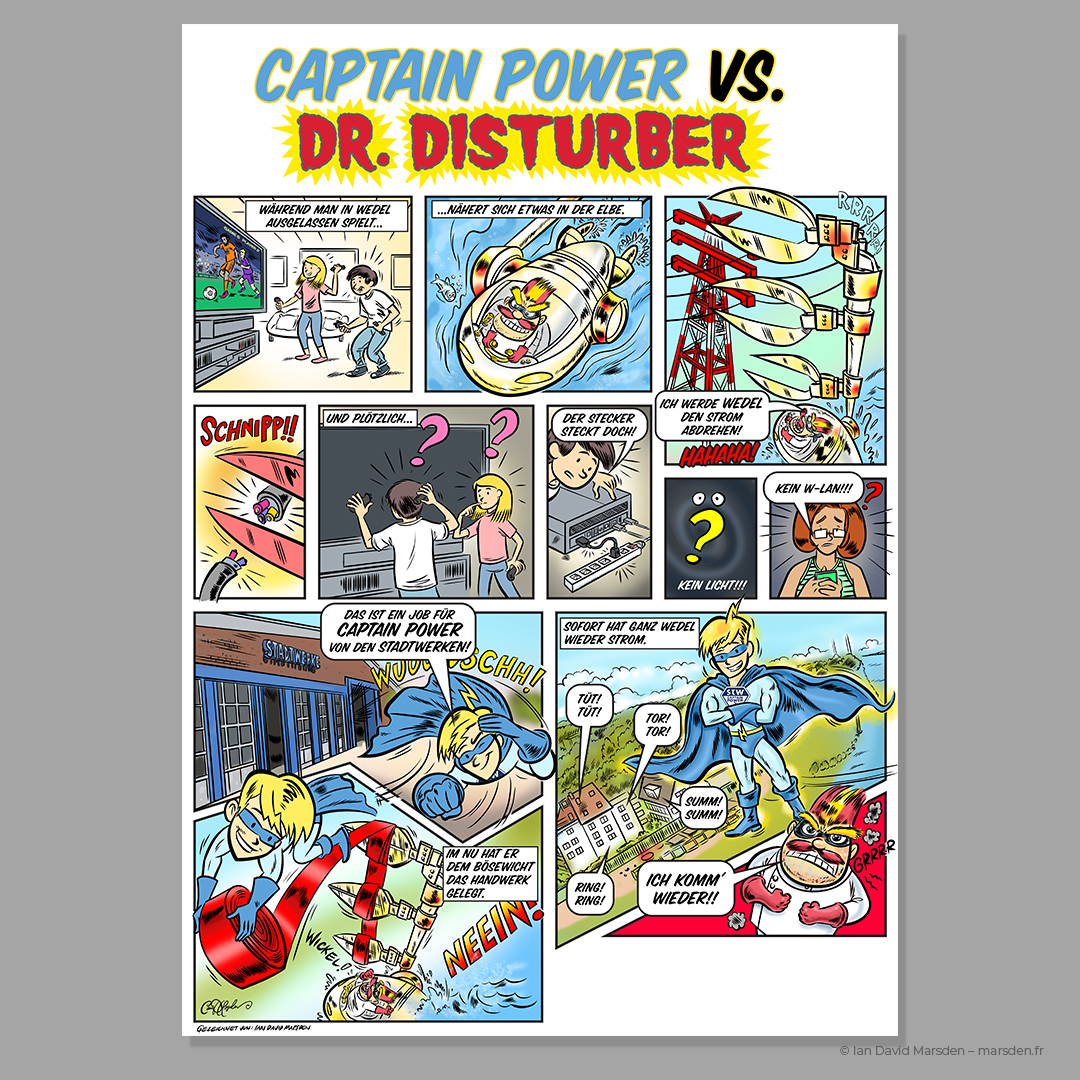 German business comic page showing superhero Captain Power fighting energy chaos caused by Dr. Disturber, promoting Stadtwerke Wedel.