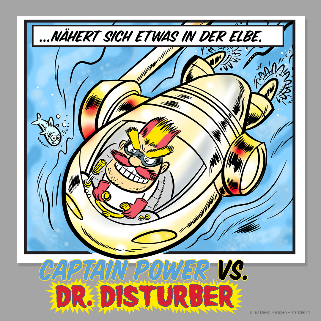 Evil Dr. Disturber navigates underwater in a submarine, vibrant panel from German comic for energy awareness.