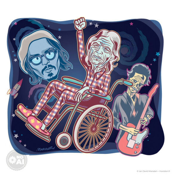 Caricature of three figures against a starry space background with a rocket, one in a wheelchair with a raised fist.