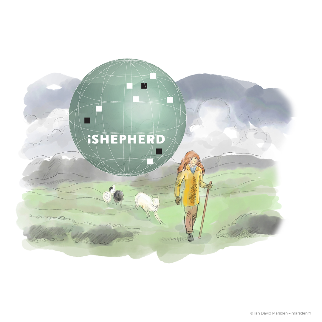 Investor presentation slide with custom artwork showing human figure and iSHEPHERD logo in storm clouds metaphor