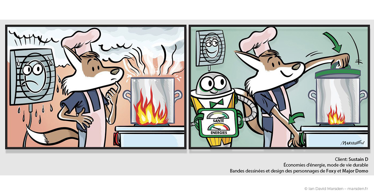 Family turns off unused appliances to reduce energy use, shown through comic storytelling