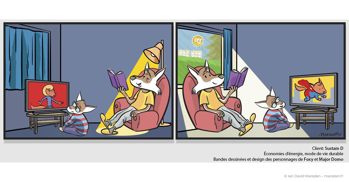 Character closes window while heating, energy-saving message delivered in silent comic