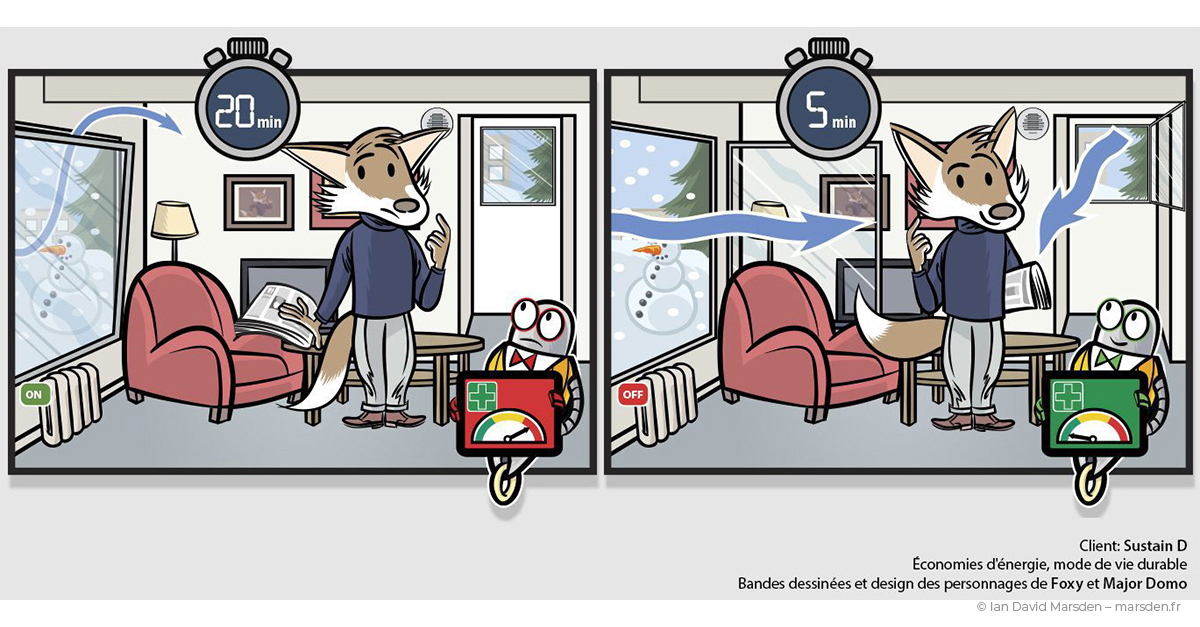 Character turns down radiator while window is open, educating on efficient heating behavior