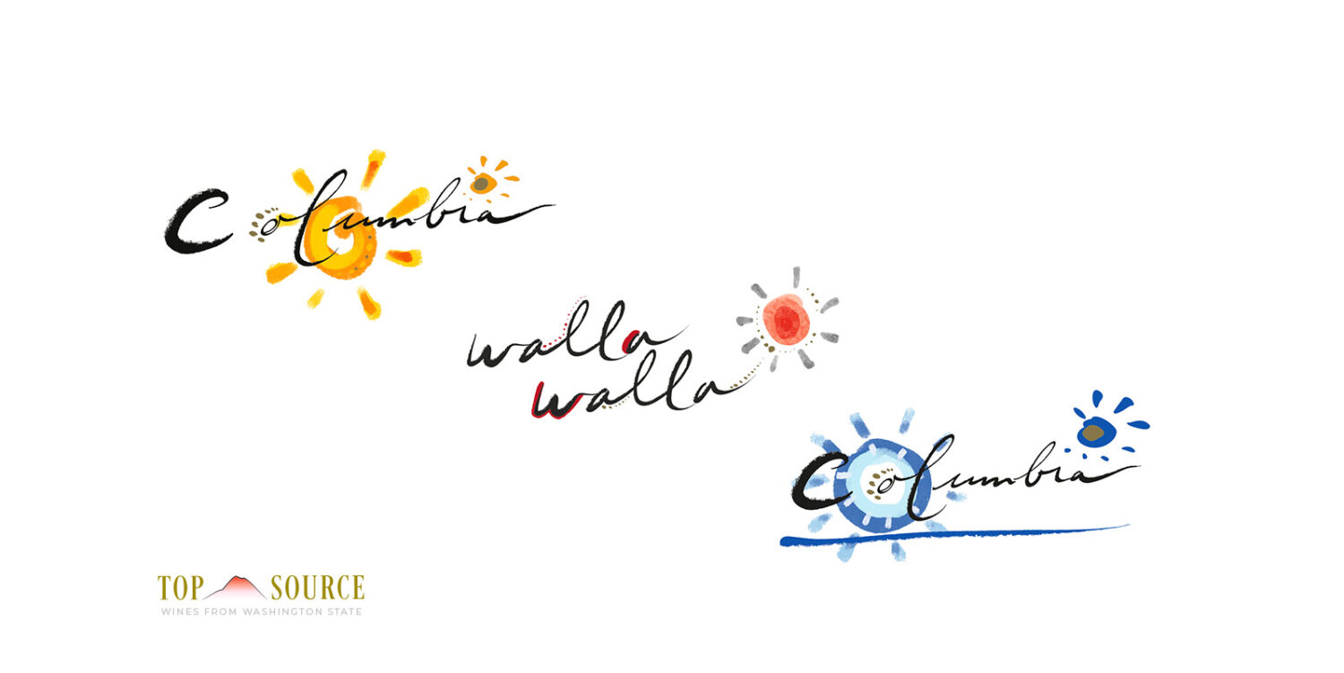 Presentation image showing redesigned identity marks for Top Source Columbia Sauvignon Blanc, Walla Walla Syrah and Columbia Syrah-Grenache.