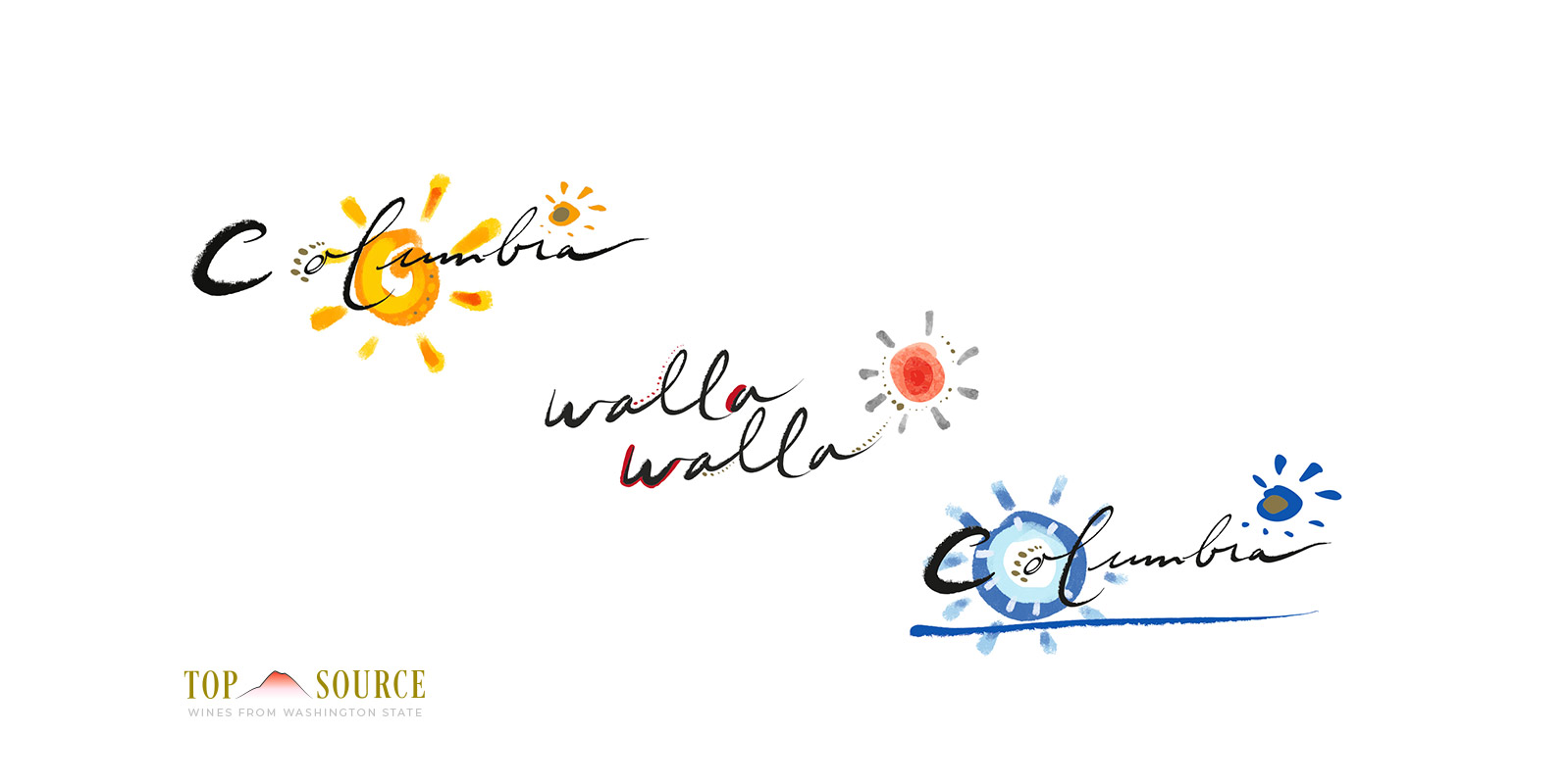 Presentation image showing redesigned identity marks for Top Source Columbia Sauvignon Blanc, Walla Walla Syrah and Columbia Syrah-Grenache.