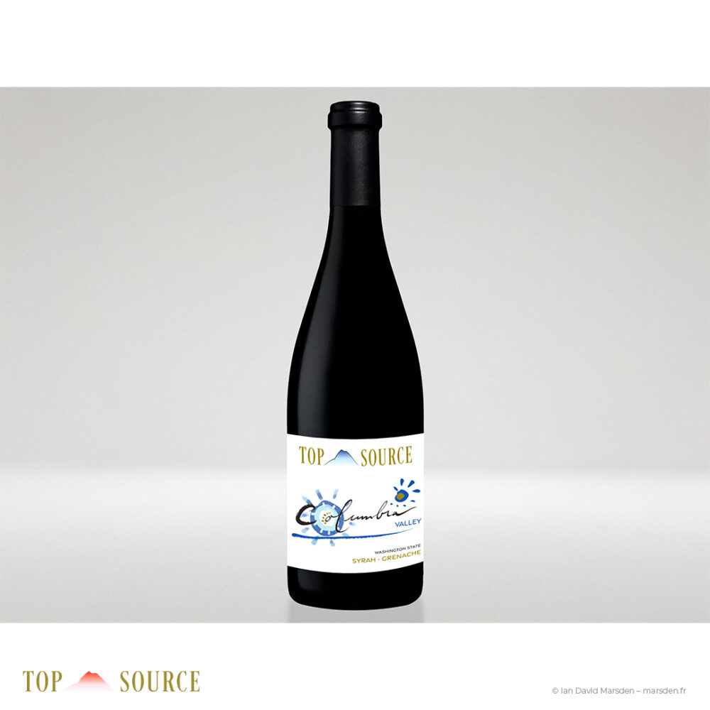 Bottle mockup of Top Source Columbia Valley Syrah-Grenache with redesigned blue-accented label and new Top Source master brand mark.