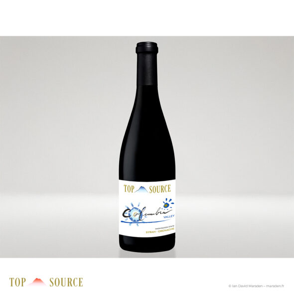 Bottle mockup of Top Source Columbia Valley Syrah-Grenache with redesigned blue-accented label and new Top Source master brand mark.