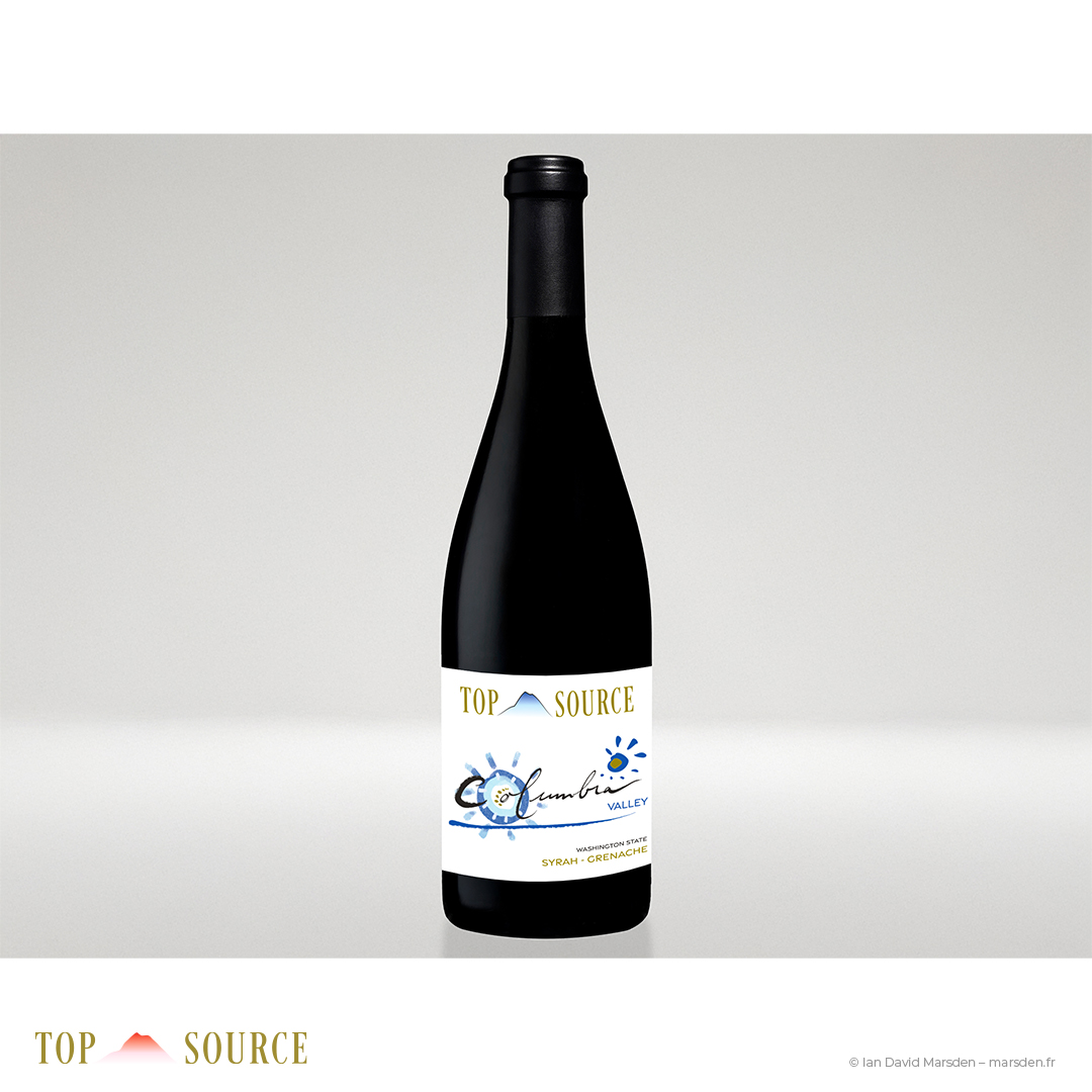 Mockup of Columbia Valley red wine with blue label for Syrah-Grenache blend