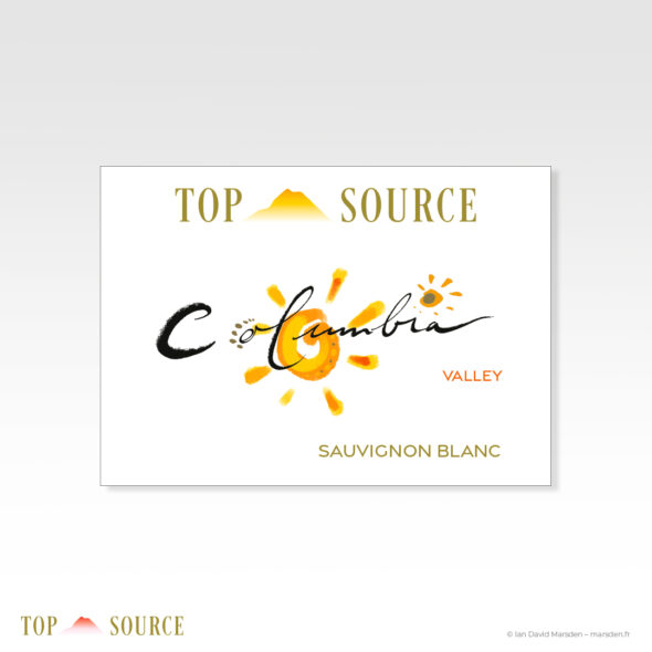 Flat label design for Top Source Columbia Valley Sauvignon Blanc with new mountain logo, gold brand lettering and orange Columbia sun identity.