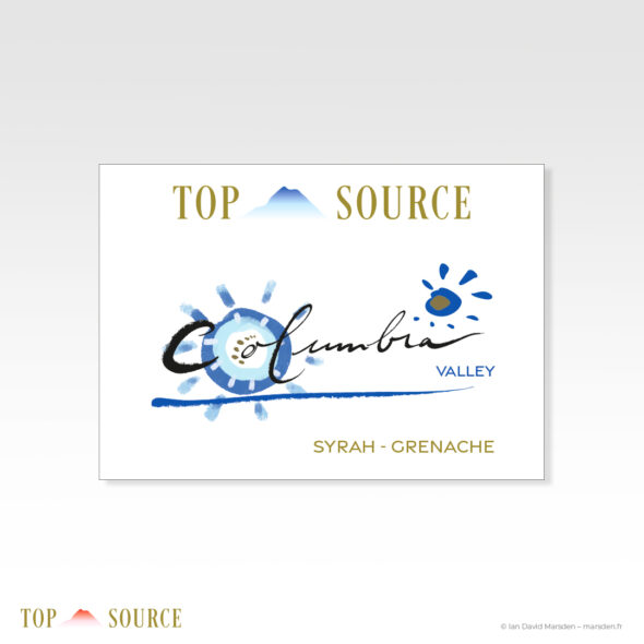 Flat label design for Top Source Columbia Valley Syrah-Grenache with new master logo, blue Columbia identity and gold varietal lettering.