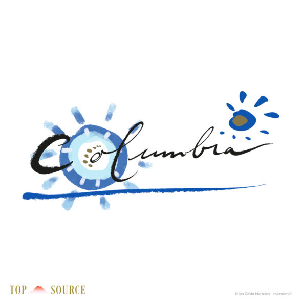 Handwritten Columbia wine identity with blue painterly sun and brushstroke developed for Top Source Syrah-Grenache.