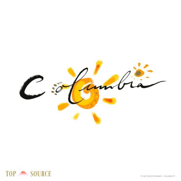 Handwritten Columbia wine identity with orange painted sun motif developed for Top Source Sauvignon Blanc.