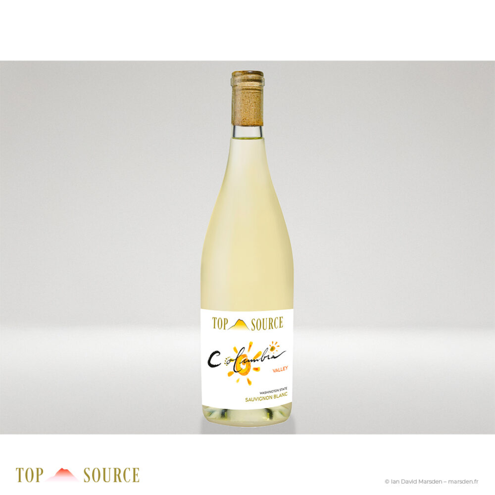 Bottle mockup of Top Source Columbia Valley Sauvignon Blanc with redesigned label, new gold brand mark and orange Columbia sun identity.