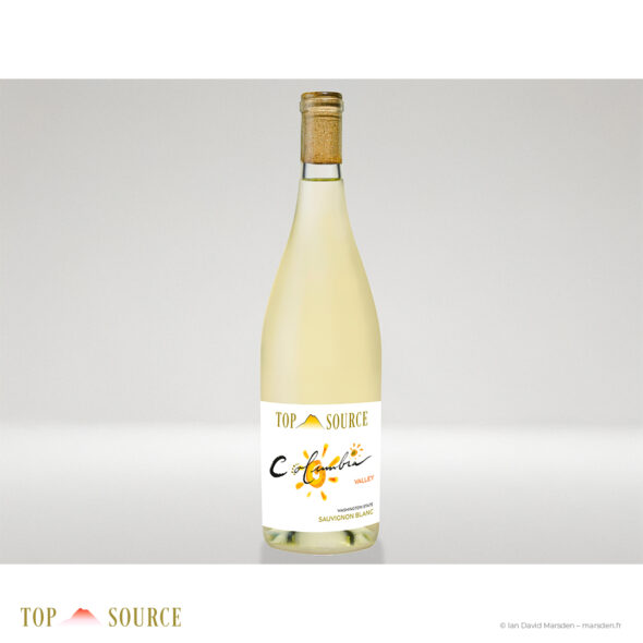 Bottle mockup of Top Source Columbia Valley Sauvignon Blanc with redesigned label, new gold brand mark and orange Columbia sun identity.