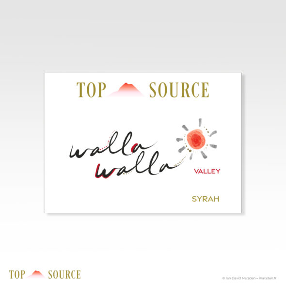Flat label design for Top Source Walla Walla Valley Syrah with new mountain brand mark, handwritten Walla Walla identity and red sun emblem.