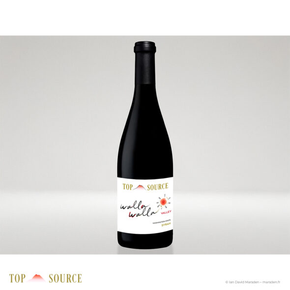 Bottle mockup of Top Source Walla Walla Valley Syrah with redesigned label, new gold brand mark and handwritten Walla Walla identity.